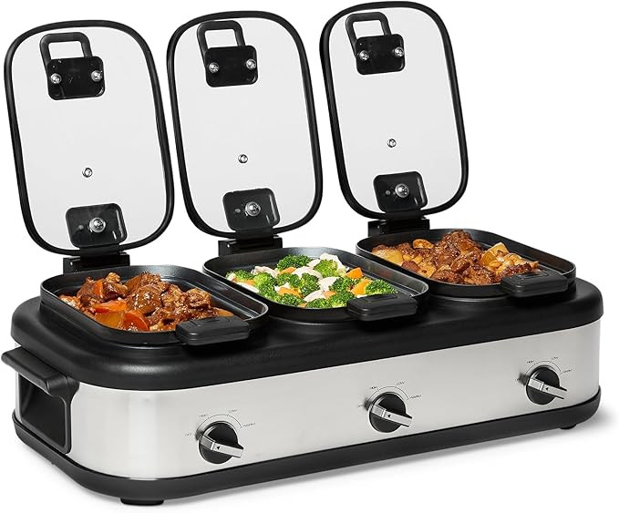 Basics Triple Slow Cooker with Ceramic Non-Stick Coating and Temperature Controls, 3 x 2.5 Quarts, Stainless Steel
