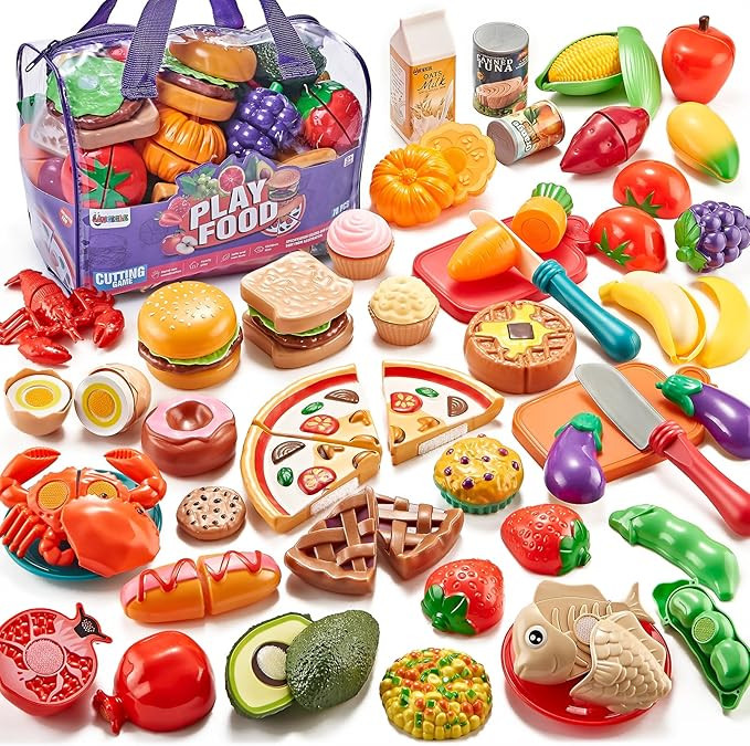 LAUGIGLE Pretend Play Food for Kids Kitchen, 78Pc Cutting Toy Food with Storage Bag