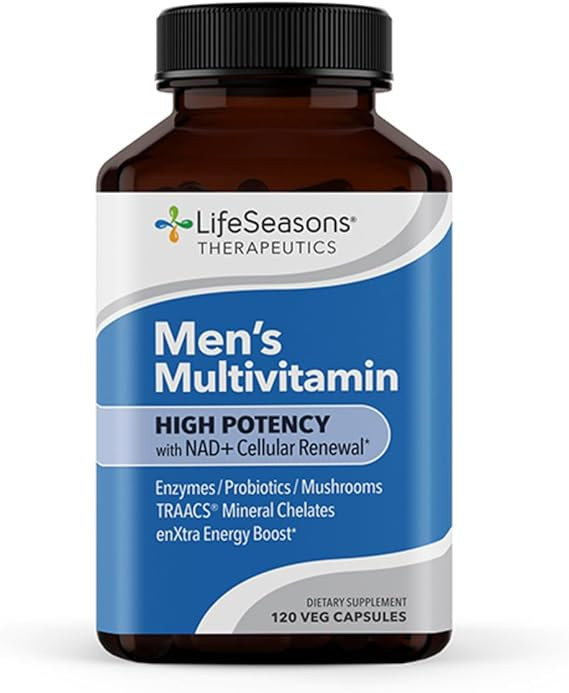LifeSeasons Men's Multivitamin – High Potency with 21 Vitamins & Minerals, PureWay-C®, NAD+, Active B-Vitamins, TRAACS® Chelates, enXtra® for Energy, Probiotics & Mushrooms – 120 Veg Capsules