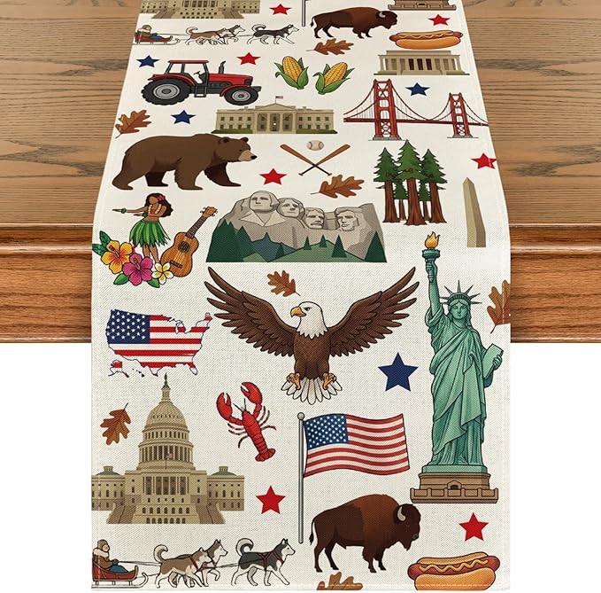 Artoid Mode American Flag Map Eagle 210 GSM 4th of July Table Runner, Memorial Day Kitchen Dining Table Decoration for Home Party Decor 13x48 Inch